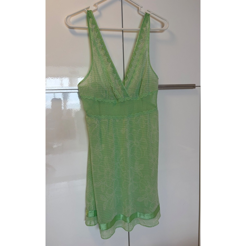 Victorias Secret Lime Green Floral Lace Trim Sheer Babydoll Slip Dress Small
